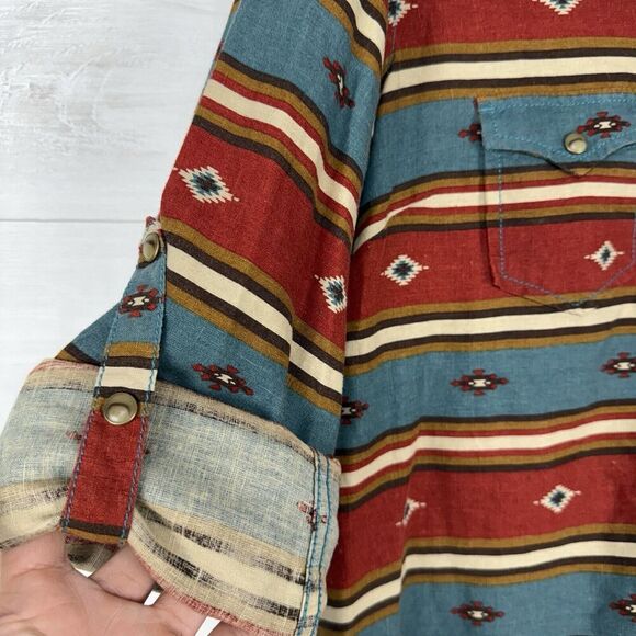 Ryan Michael Tunic Shirt Dress Women L Aztec Blanket Stripe Western Linen Blend - Picture 7 of 14